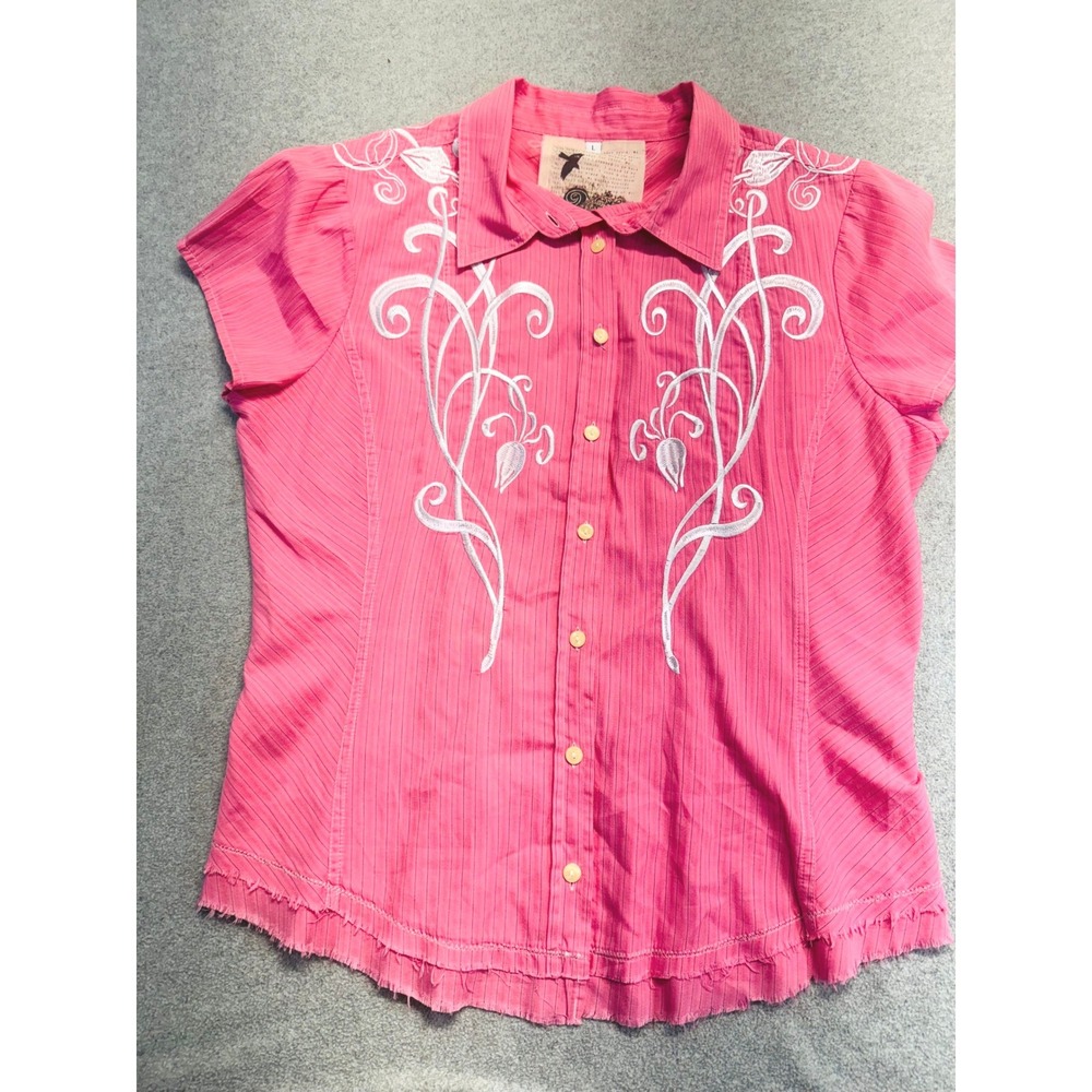 3J Workshop Pink Embroidered Button Front Blouse Womens Large Boho Cottage